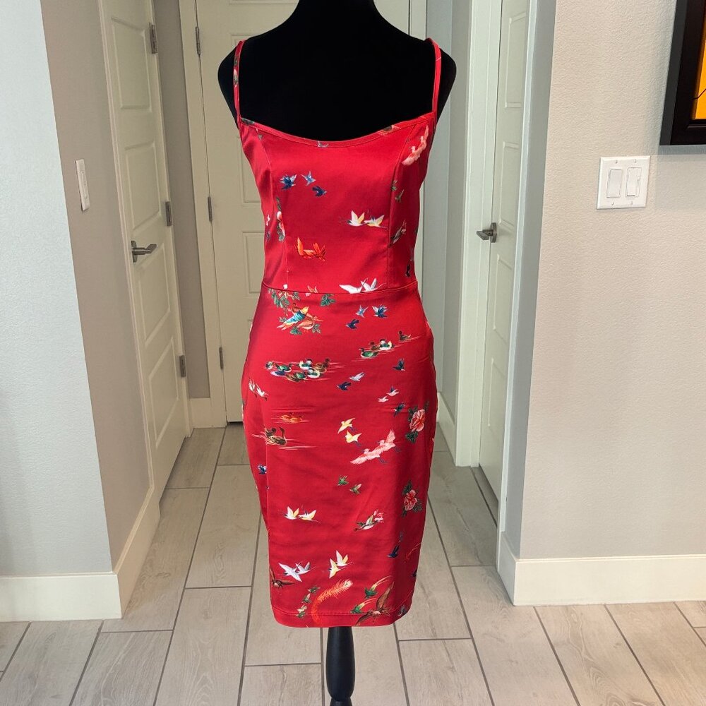 Wheels & Dollbaby Red Satin Bird & Floral Print Bodycon Slip Dress AU 12 US 8 - Picture 7 of 13
